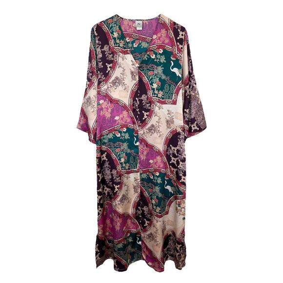 Natori Asian Floral Long Zip Caftan Robe Medium Satin Poly Purple Lounge Hostess - Picture 1 of 7